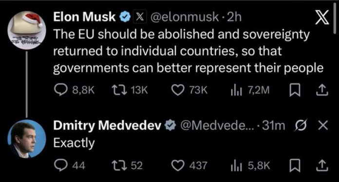 Comentariul lui Dmitri Medvedev la solicitarea lui Elon Musk de a „desființa” Uniunea Europeană. Reflecții pe X