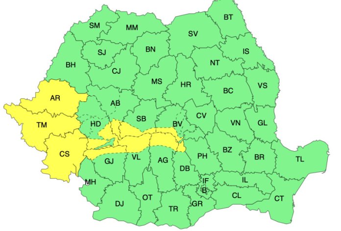 HARTĂ. Specialiștii în meteorologie emit alerte de condiții climatice nefavorabile. Aproape 20 de județe se află sub avertizare cod galben.