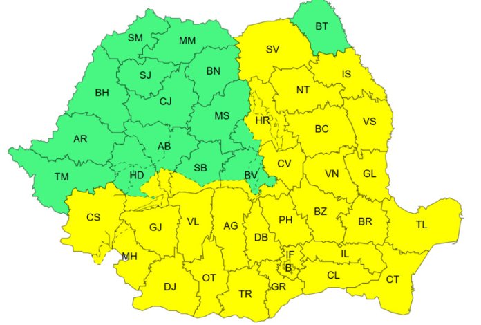 HARTĂ: Alertă cod galben pentru ploi și ninsori în aproape 50% din teritoriu. Bucureștiul, sub avertizare până luni...