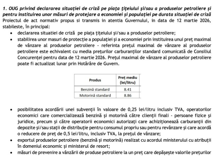 Ministerul Energiei sugerează instituirea unei stări de urgență pe piața petrolului, cu limite și impozite reduse...